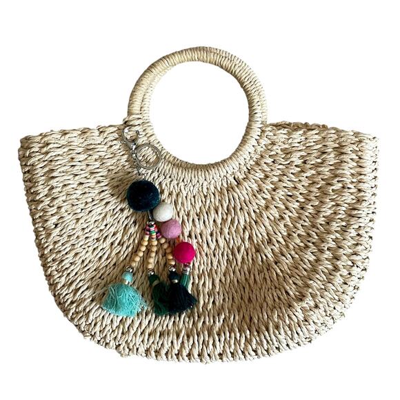 Woven Straw Beach Bag with Pom Pom Tassel Beige Chic Summer Tote Bag - Picture 1 of 8